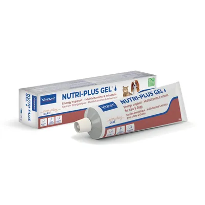 Virbac NUTRI-PLUS GEL, tube et boîte visibles. Texte : soutien énergétique, multivitamines & minéraux pour chats & chiens. Illustrations d’un chat et d’un chien sur l’emballage.
