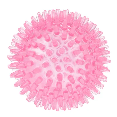 Balle rose en plastique souple avec picots visibles sur toute la surface, sans marque apparente.