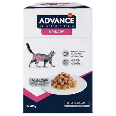 Advance Veterinary Diets Urinary krmivo pro kočky, 12x85g. Podporuje ředění moči a kontrolu pH. Bez barviv, s vynikající chutí.