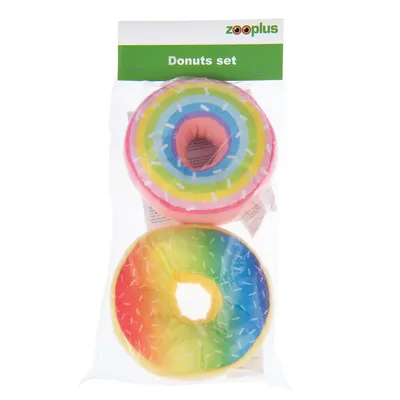 Zooplus Donuts Set, dvě barevné hračky ve tvaru donutu s duhovými barvami a vzhledem posypky v průhledném obalu.
