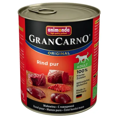 Консерва Animonda GranCarno Original Rind pur для взрослых собак, 100 % свежие ингредиенты, без зерна и глютена, произведено в Германии. На упаковке изображены куски говядины.