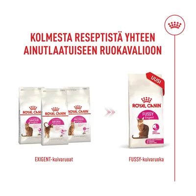 Royal Canin Exigent kuivaruoka: Kolme lajia Savour, Aroma ja Protein yhdistetään Fussy Exigent -tuotteeksi. Teksti suomeksi, uusi pakkaus punaisella UUSI-bannerilla. Royal Canin Exigent kuivaruoka: Kolme lajia Savour, Aroma ja Protein yhdistetään Fussy Exigent -tuotteeksi. Teksti suomeksi, uusi pakkaus punaisella UUSI-bannerilla.