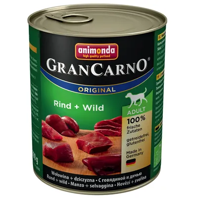 Консерва Animonda GranCarno Original Rind + Wild для взрослых собак, 100 % свежие ингредиенты, без зерна и глютена, произведено в Германии. Видны куски мяса.