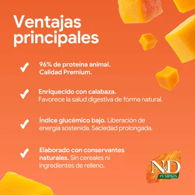 Principales ventajas: 96% de proteína animal, enriquecido con calabaza, bajo índice glucémico, elaborado con conservantes naturales, sin cereales ni rellenos. Principales ventajas: 96% de proteína animal, enriquecido con calabaza, bajo índice glucémico, elaborado con conservantes naturales, sin cereales ni rellenos.