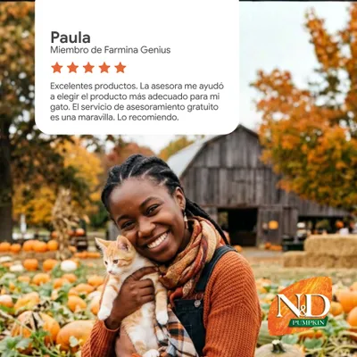 Reseña de cliente: Paula, miembro de Farmina Genius, 5 estrellas. Elogio por la selección de productos y el servicio de asesoramiento gratuito. Logotipo de ND Pumpkin visible en la parte inferior derecha. Reseña de cliente: Paula, miembro de Farmina Genius, 5 estrellas. Elogio por la selección de productos y el servicio de asesoramiento gratuito. Logotipo de ND Pumpkin visible en la parte inferior derecha.