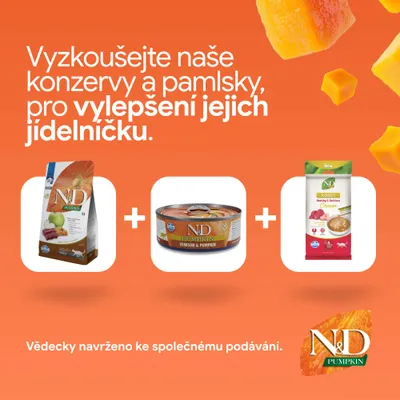 N&D Pumpkin: suché krmivo, mokré krmivo a maškrty na obohatenie jedálnička. Vedecky vyvinuté pre spoločné kŕmenie.