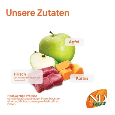 Unsere Zutaten: Apfel, Kürbis, Hirsch von zertifizierten Bauern aus Neuseeland. Hochwertige Proteine für eine ausgewogene Mahlzeit. N&D Pumpkin.