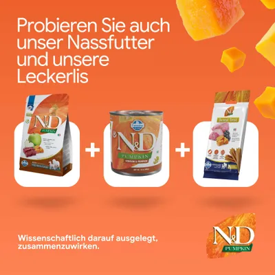 Probieren Sie auch unser Nassfutter und unsere Leckerlis. Wissenschaftlich darauf ausgelegt, zusammenzuwirken. Abgebildet: N&D Pumpkin Trockenfutter, Nassfutter, Dental Treat.