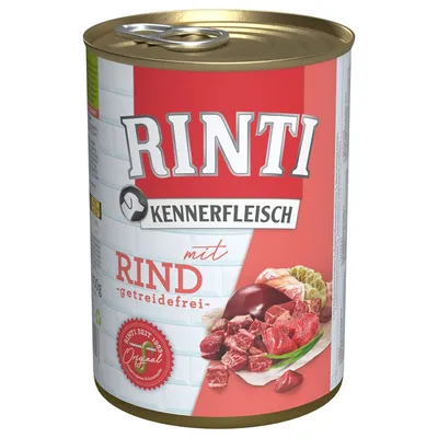 Scatoletta Rinti Kennerfleisch mit Rind getreidefrei, immagine di carne e verdure sulla confezione. Testo visibile: 'Rinti Kennerfleisch mit Rind getreidefrei'.
