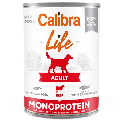 Calibra Life Adult krmivo pre psy, monoproteín s hovädzím, mrkvou a lososovým olejom. 100 % definované zdroje.