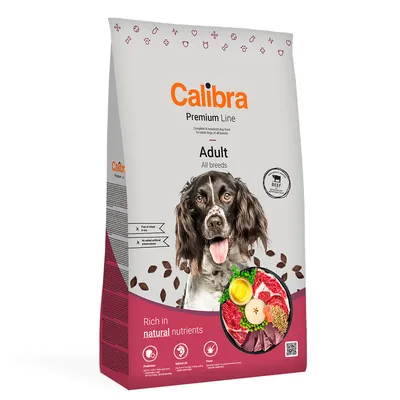 Calibra Premium Line Adult All breeds. Trockenfutter für Hunde mit Rind, reich an natürlichen Nährstoffen. Frei von Weizen und künstlichen Konservierungsstoffen.