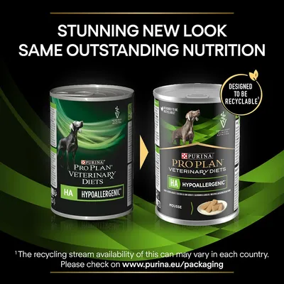 Purina Pro Plan Veterinary Diets HA Hypoallergenic dog food tins, old and new packaging. Text: Stunning new look same outstanding nutrition. Designed to be recyclable. www.purina.eu/packaging