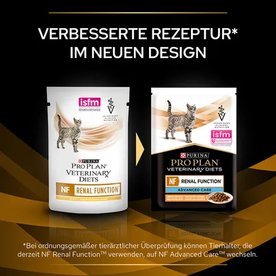 Purina Pro Plan Veterinary Diets NF Renal Function mit verbesserter Rezeptur im neuen Design. Hinweis: Wechsel auf NF Advanced Care™ nach tierärztlicher Überprüfung möglich.