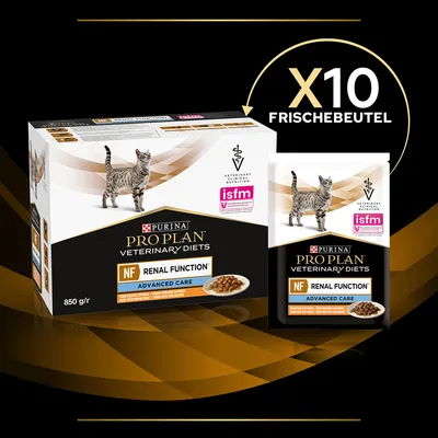 Purina Pro Plan Veterinary Diets NF Renal Function Advanced Care für Katzen, 850 g Packung mit 10 Frischebeuteln. ISFM zertifiziert für veterinärmedizinische Ernährung.