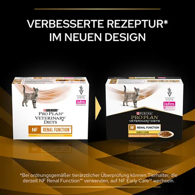 Purina Pro Plan Veterinary Diets NF Renal Function et NF Renal Function Early Care pour chats, nouveaux emballages, texte en allemand : 'Verbesserte Rezeptur im neuen Design'.