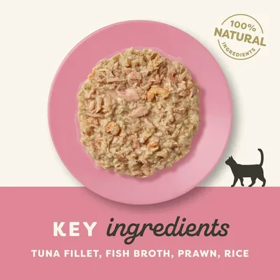 Key ingredients: tuna fillet, fish broth, prawn, rice. 100% natural ingredients shown with food served on a pink plate and cat icon.