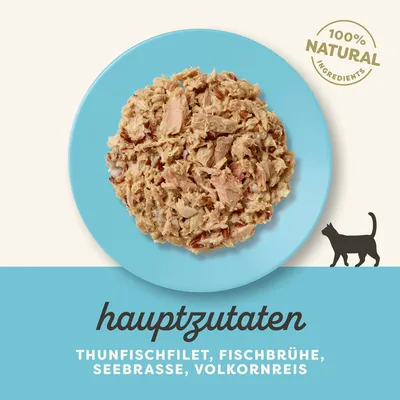 Hauptzutaten: Thunfischfilet, Fischbrühe, Seebrasse, Vollkornreis. 100% natürliche Zutaten. Illustration einer Katze unten rechts.