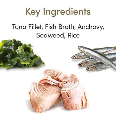 Key Ingredients: Tuna Fillet, Fish Broth, Anchovy, Seaweed, Rice. Teksti englanniksi, kuvissa merilevää, tonnikalaa ja anjoviksia.