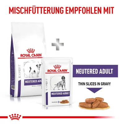 Royal Canin Expert Neutered Adult für kleine Hunde. Mischfütterung empfohlen mit Trockenfutter und Nassfutter in Sosse, dünne Scheiben. Verpackungen und Produktabbildungen sichtbar.