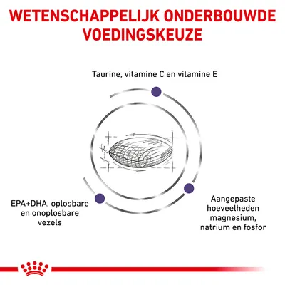 Wetenschappelijk onderbouwde voedingskeuze. Taurine, vitamine C en E. EPA+DHA, oplosbare en onoplosbare vezels. Aangepaste hoeveelheden magnesium, natrium en fosfor.