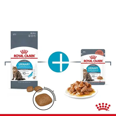 Royal Canin Urinary Care суха и консервирана храна за котки, опаковки с изображение на котка и гранули, порция парченца в сос на чиния. Видими са марката и продуктът.