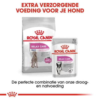 Royal Canin Relax Care hondenvoer, droog- en natvoeding. Tekst: Extra verzorgende voeding voor je hond. De perfecte combinatie van onze droog- en natvoeding.