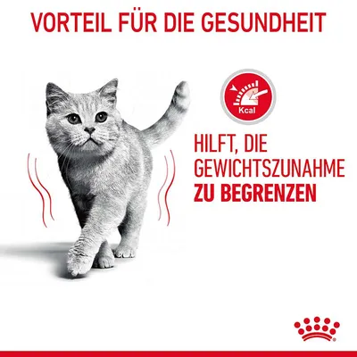 Vorteil für die Gesundheit: Hilft, die Gewichtszunahme zu begrenzen. Symbol mit Kalorienanzeige und Bild einer Katze. Royal Canin Logo unten rechts.