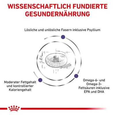 Texte en allemand : Wissenschaftlich fundierte Gesundernaehrung, fibres solubles et insolubles dont psyllium, teneur modérée en graisses, oméga-6 et oméga-3 dont EPA et DHA.