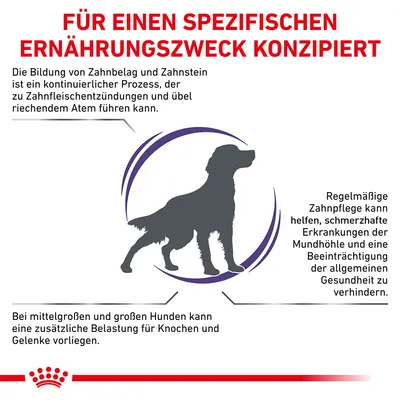 Für einen spezifischen Ernährungszweck konzipiert. Hinweise zu Zahnpflege, Mundgesundheit und Belastung von Knochen und Gelenken bei mittelgrossen und grossen Hunden.