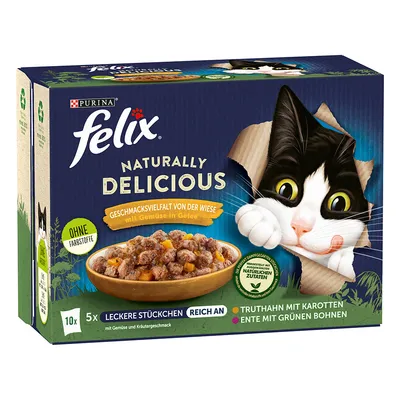 Purina Felix Naturally Delicious, válogatott réti ízek zöldségekkel zselében. Színezék nélkül, pulykahússal és sárgarépával, kacsával és zöldbabbal gazdagítva.