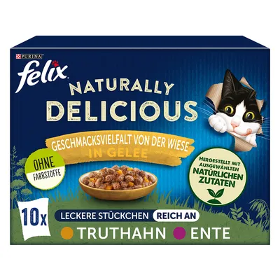 Felix Naturally Delicious varietà di gusti di prato in gelatina, senza coloranti, con ingredienti naturali, ricco di tacchino e anatra, 10x bocconcini.