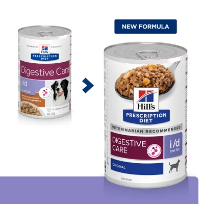 Zmiana opakowania karmy Hill's Prescription Diet Digestive Care i/d Low Fat dla psów na nowe: po lewej stare, po prawej nowe z napisem 'NEW FORMULA' i zdjęciem karmy na łyżce.