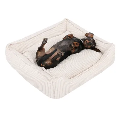 Hund liegt entspannt auf einem cremefarbenen, gerippten Hundebett mit erhöhtem Rand.