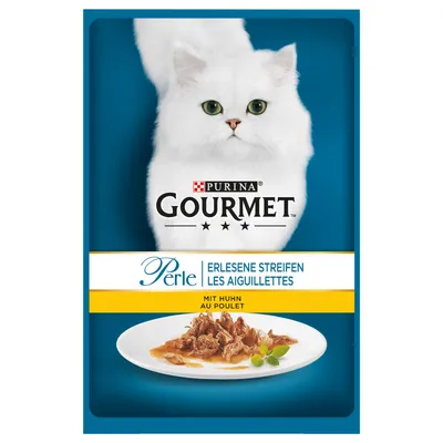 Purina Gourmet Perle Fine Strips with chicken. Image of tender chicken on plate, packaging shows white cat.