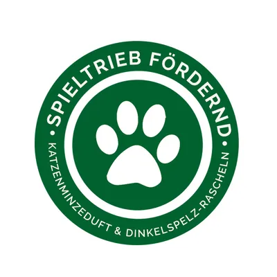 Texte en allemand : SPIELTRIEB FÖRDERND • KATZENMINZEDUFT & DINKELSPELZ-RASCHELN, autour d'une empreinte de patte. Texte non traduit.