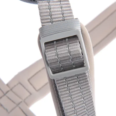 Close-up van een grijze, verstelbare riem met kunststof gesp en gevoerd materiaal.
