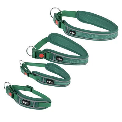 Gröna hundhalsband i fyra storlekar med reflekterande ränder, vadderat innerfoder och röd stängningsknapp. Logotypen 'Foz' är synlig.