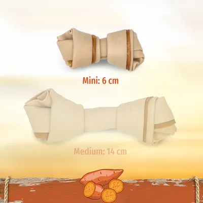 Tyggeprodukt i benform af sød kartoffel. Størrelser: Mini 6 cm, Medium 14 cm.