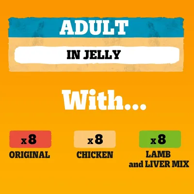 Adult in jelly selection with 8 original, 8 chicken, and 8 lamb and liver mix varieties included.