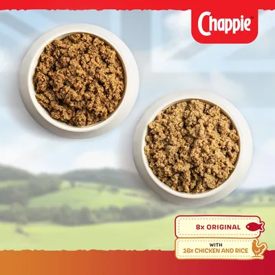Two bowls of wet food with text showing 8x original and 16x chicken and rice varieties.