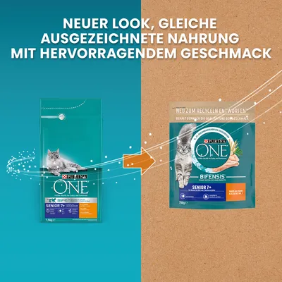 Purina ONE Senior 7+ Bifensis. Neuer Look, gleiche ausgezeichnete Nahrung mit hervorragendem Geschmack. Neu zum Recyceln entworfen, Qualität und Geschmack bleiben erhalten.