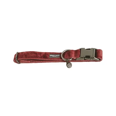 Rött hundhalsband med metallspänne och berlock, märke Nomad Tales.