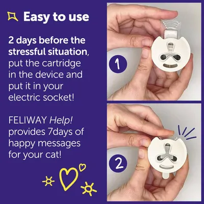 Instructions: Two days before a stressful situation, insert the cartridge into the device and plug it into your electric socket. FELIWAY Help! provides seven days of support.