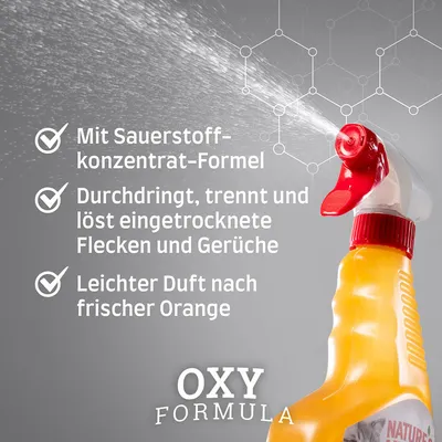 Mit Sauerstoffkonzentrat-Formel, durchdringt und löst eingetrocknete Flecken und Gerüche, leichter Duft nach frischer Orange. OXY FORMULA. Mit Sauerstoffkonzentrat-Formel, durchdringt und löst eingetrocknete Flecken und Gerüche, leichter Duft nach frischer Orange. OXY FORMULA.