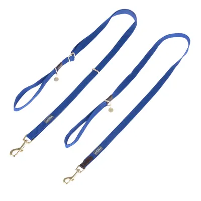 Zwei blaue Hundeleinen mit verstellbarer Länge, Metallkarabiner und Schlaufen. Material: Textil mit Lederdetails.