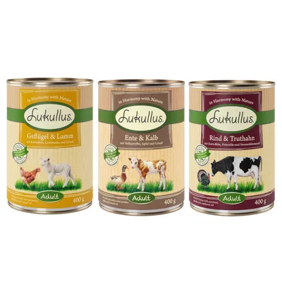 Trois boîtes de nourriture pour chien Lukullus Adult 400 g : Geflügel & Lamm, Ente & Kalb, Rind & Truthahn. Ingrédients principaux et illustrations d’animaux visibles sur chaque étiquette.
