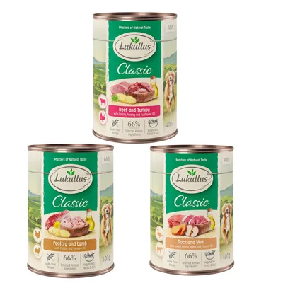 Lukullus Classic comida húmeda para perros, variedades: ternera y pavo, ave y cordero, pato y ternera. Latas de 400g, sin cereales, 66% ingredientes animales, verduras y aceites.