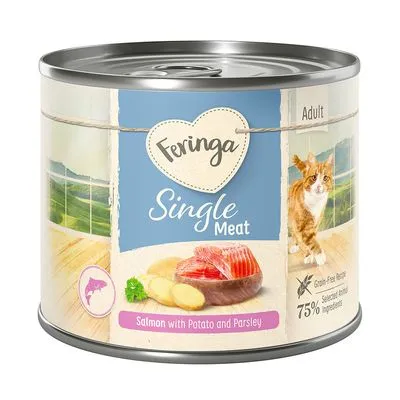 Boîte Feringa Single Meat Adult, saumon avec pomme de terre et persil, 75 % ingrédients animaux sélectionnés, sans céréales, image d’un chat et morceaux de saumon visibles sur l’emballage.
