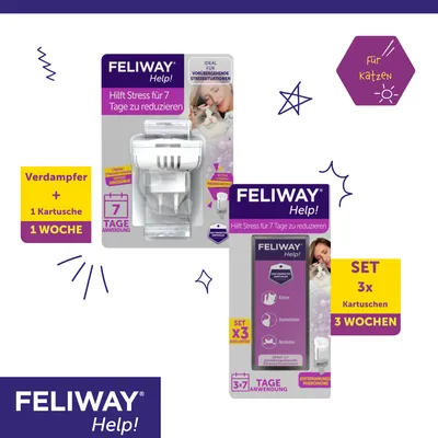 Feliway Help! Verdampfer mit 1 Kartusche für 1 Woche und Set mit 3 Kartuschen für 3 Wochen. Hilft Stress bei Katzen für 7 Tage zu reduzieren.