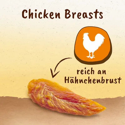 Chicken Breasts, bogato s piščančjimi prsmi. Prikaz kosa sušene piščančje prsi s simbolom petelina.